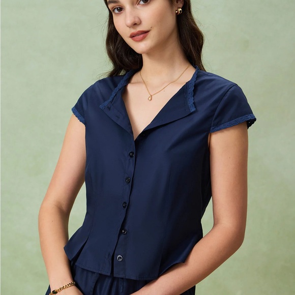 Navy Satin Button Blouse - Picture 1 of 9